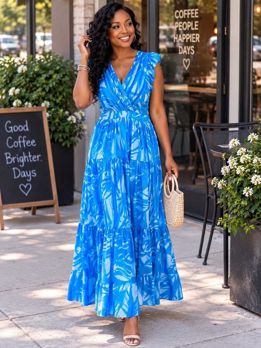 Taylor Blue Patterned V-Neck Tiered Maxi Dress